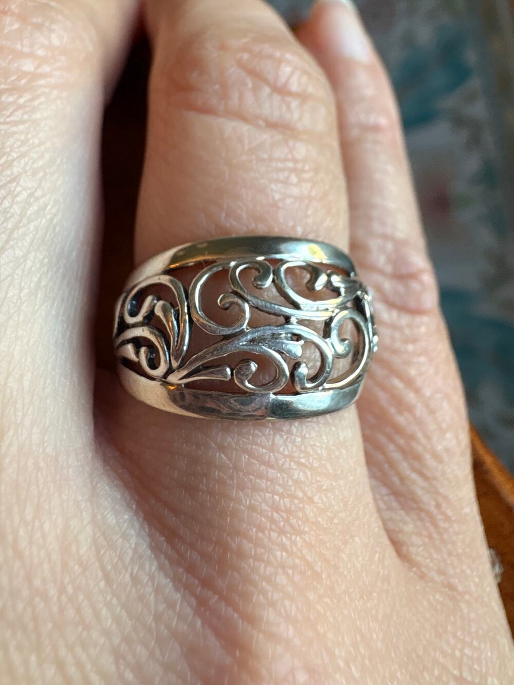 Vintage 925 Sterling Silver Filigree Scroll Wide Band Ring Size 7 Ornate